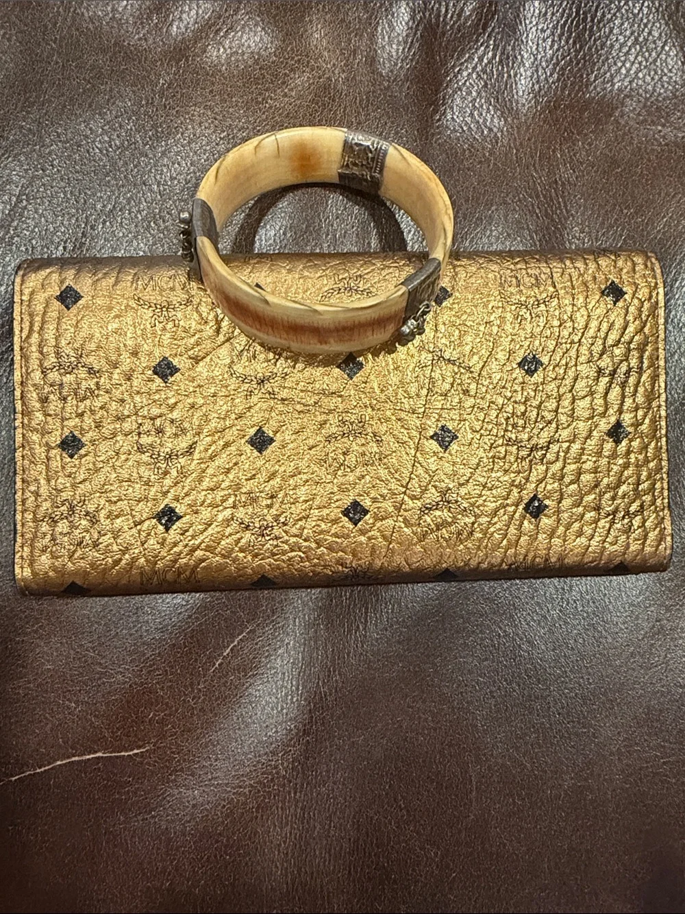 MCM Metallic Gold Logo Fold Wallet